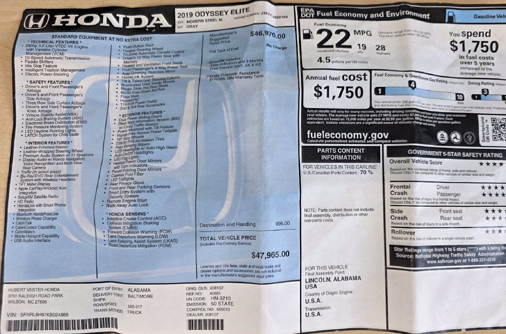 2019 Honda Odyssey Elite